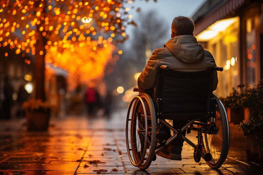 Paraplegic man in wheelchair looks down the street to see warm light coming from a lit tree.